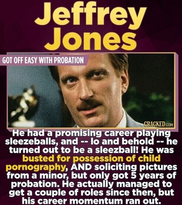 Jeffrey Jones GOT OFF EASY WITH PROBATION CRACKED.COM Не had a promising career playing sleezeballs, and d-- lo and behold-he turned out to be a sleezball! Не was busted for possession of child pornography, AND soliciting pictures from a minor, but only got 5 years of probation. Не actually managed to get a couple of roles since then, but his career momentum ran out.
